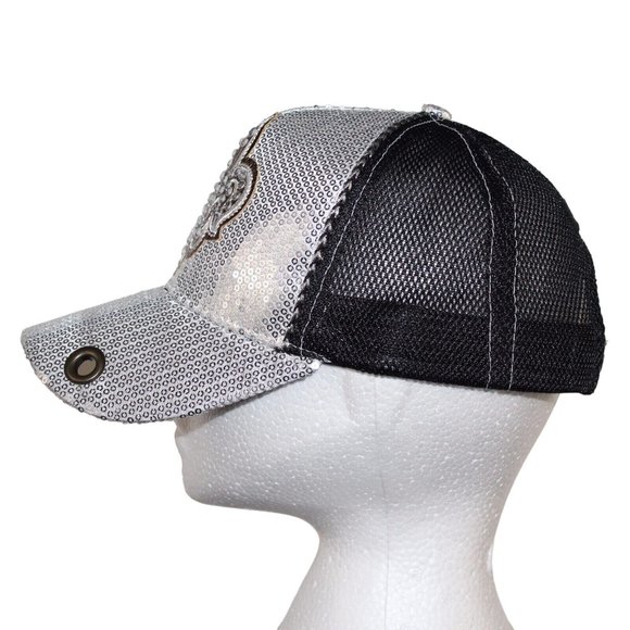 Silver Bling Sequin Fleur De Lis Trucker Mesh Adjustable Baseball Hat NOLA Cap - Picture 7 of 12